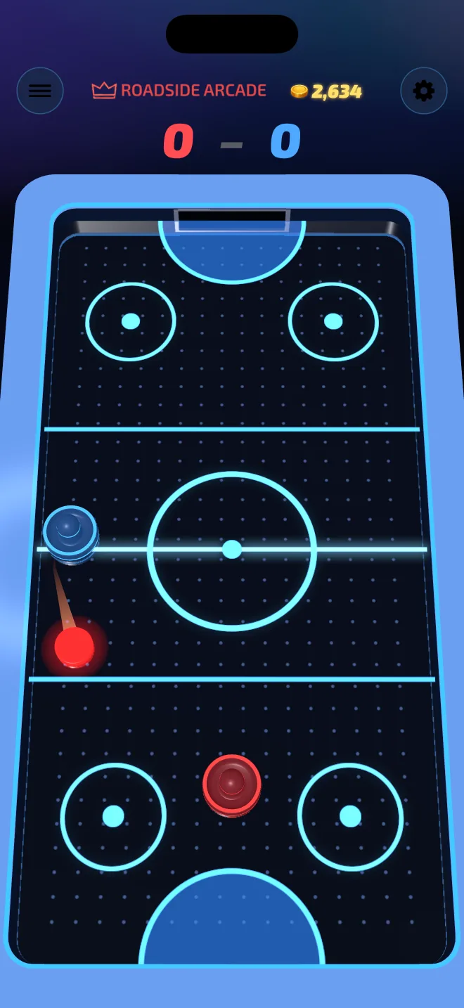 A match in progress: the puck flies across a glowing rink between two mallets.